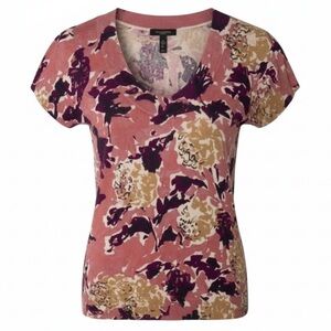 ANN TAYLOR Factory Floral Sweater Mauve Purple Tan Short Sleeve Scoop Neck M